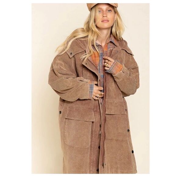 POL 𝅺corduroy Hooded Long Coat in Teddy Bear - Picture 7 of 12